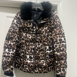 NY&C Leopard Print Puffer Jacket with Faux Fur Collar